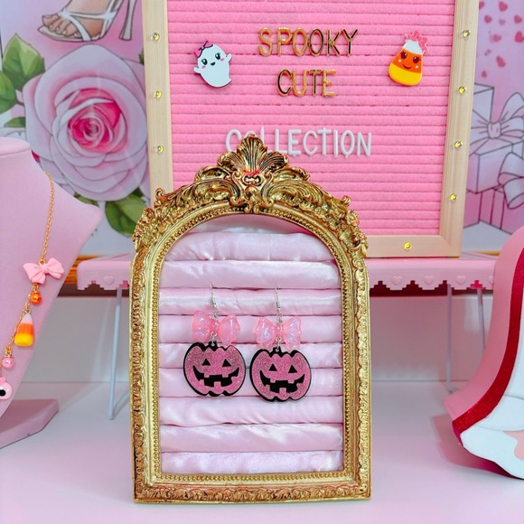 Pink Jack o Lantern Halloween Earrings - Picture 2 of 2